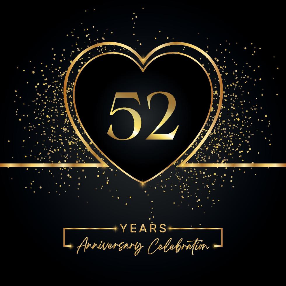 Celebración del aniversario de 52 años con corazón dorado y brillo dorado sobre fondo negro. diseño vectorial para saludo, fiesta de cumpleaños, boda, fiesta de eventos. logotipo de aniversario de 52 años vector