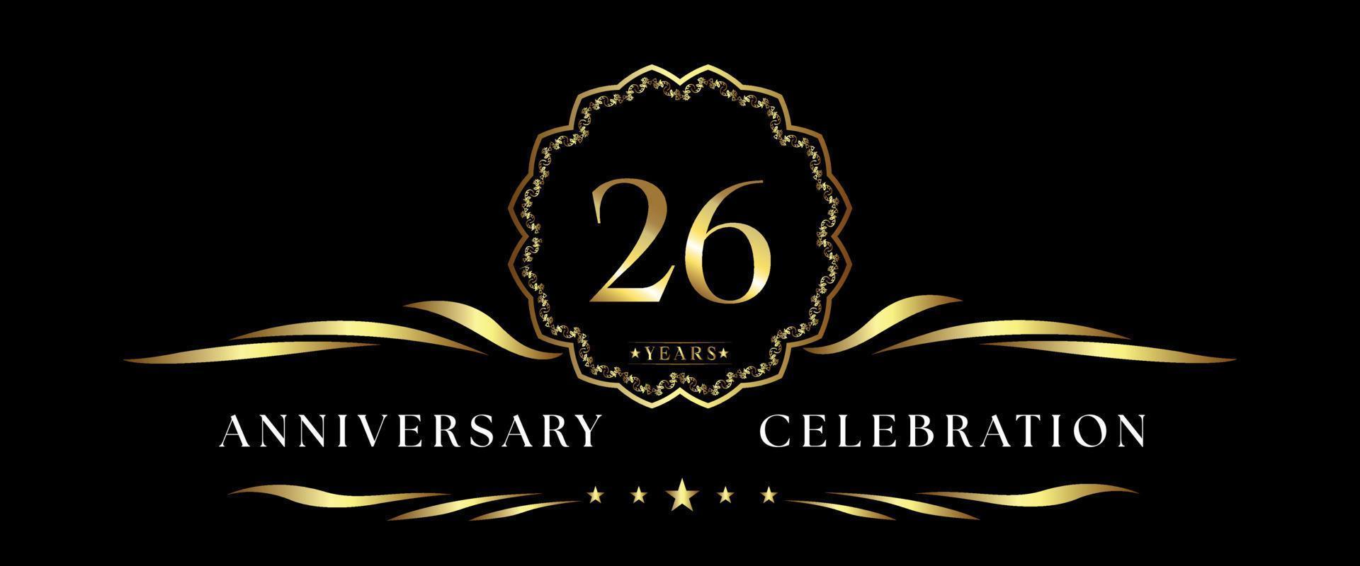 26 years anniversary celebration with gold decorative frame isolated on black background. Vector design for greeting card, birthday party, wedding, event party, ceremony. 26 years Anniversary logo.