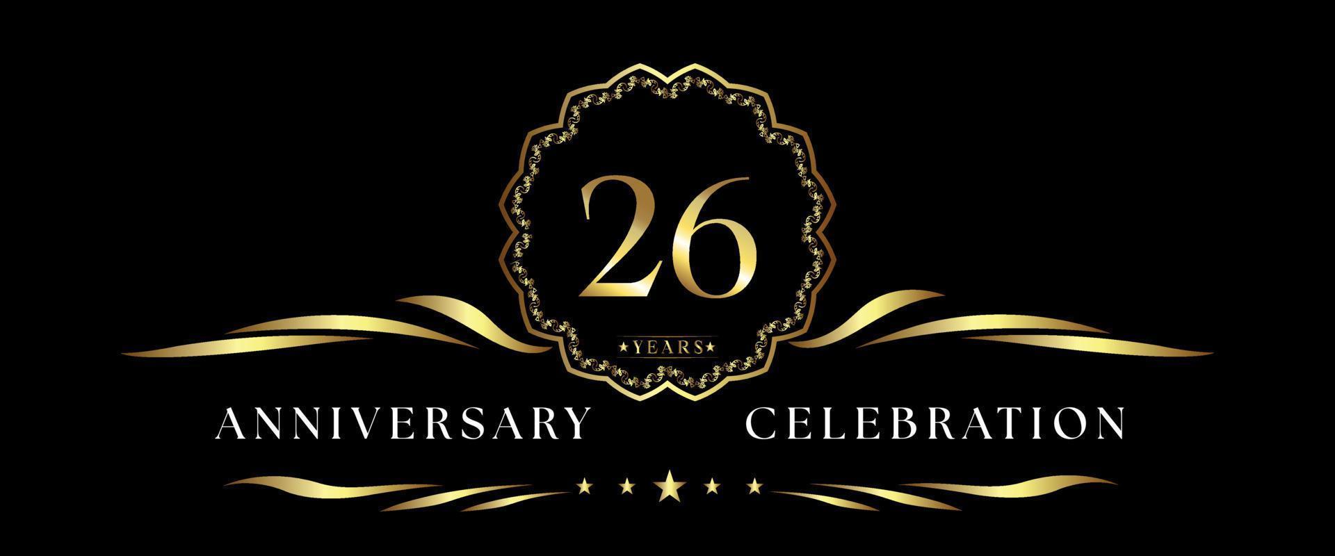 26 years anniversary celebration with gold decorative frame isolated on black background. Vector design for greeting card, birthday party, wedding, event party, ceremony. 26 years Anniversary logo.