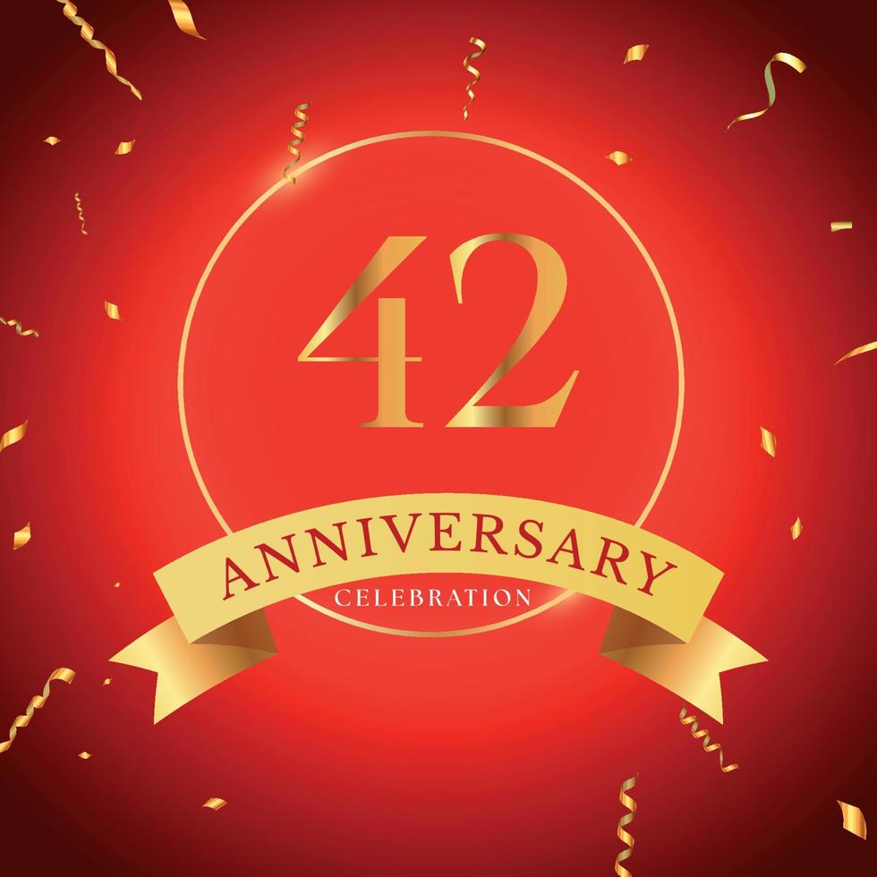 42 years anniversary celebration with gold frame and gold confetti isolated on red background. Vector design for greeting card, birthday party, wedding, event party. 42 years Anniversary logo.