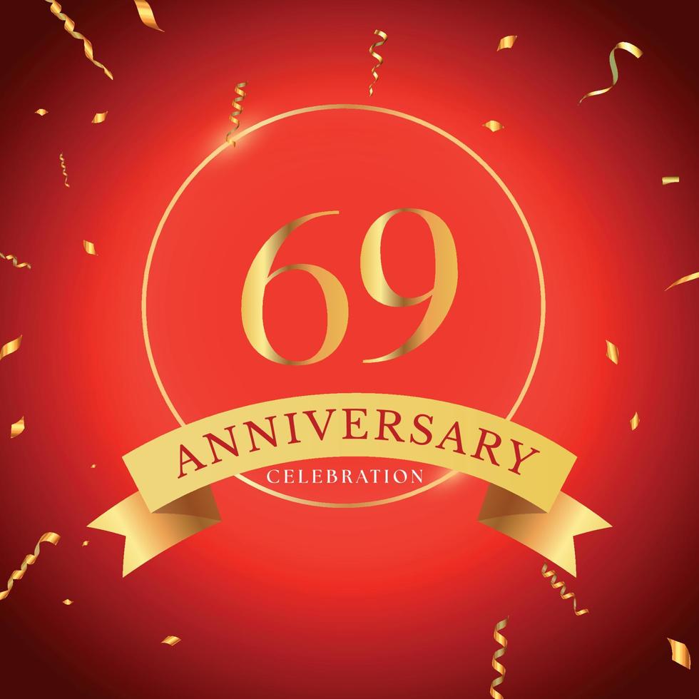 69 years anniversary celebration with gold frame and gold confetti isolated on red background. Vector design for greeting card, birthday party, wedding, event party. 69 years Anniversary logo.