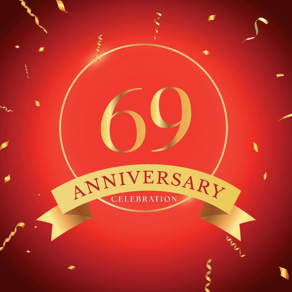 Celebración del aniversario de 69 años con marco dorado y confeti dorado aislado en el fondo rojo. diseño vectorial para tarjetas de felicitación, fiesta de cumpleaños, boda, fiesta de eventos. Logotipo de aniversario de 69 años. vector