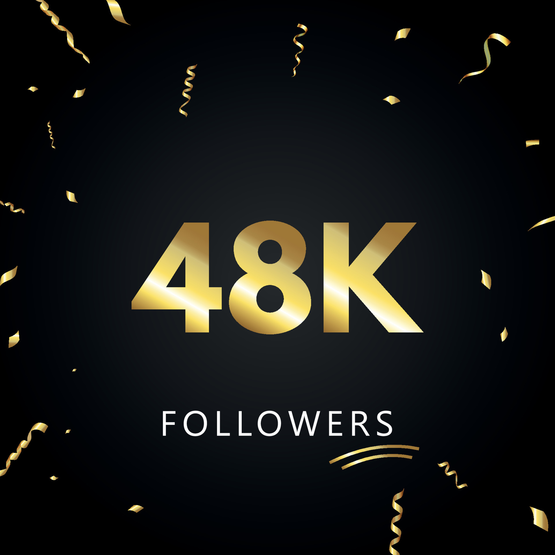 48k o 48 mil seguidores con confeti dorado aislado en fondo negro. plantilla de tarjeta de