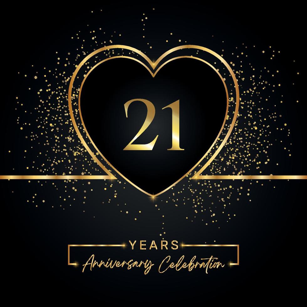 Celebración del aniversario de 21 años con corazón dorado y brillo dorado sobre fondo negro. diseño vectorial para saludo, fiesta de cumpleaños, boda, fiesta de eventos. logotipo de aniversario de 21 años vector