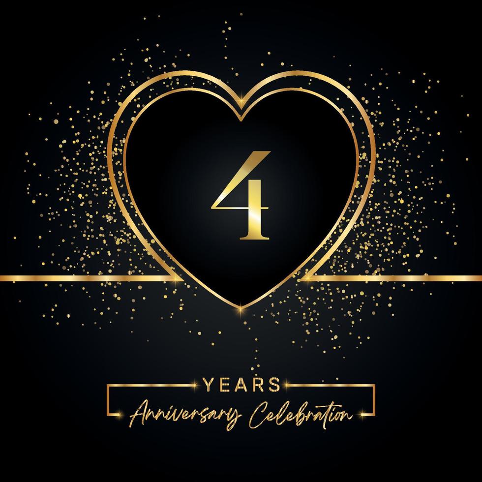 4 years anniversary celebration with gold heart and gold glitter on black background. Vector design for greeting, birthday party, wedding, event party. 4 years anniversary logo