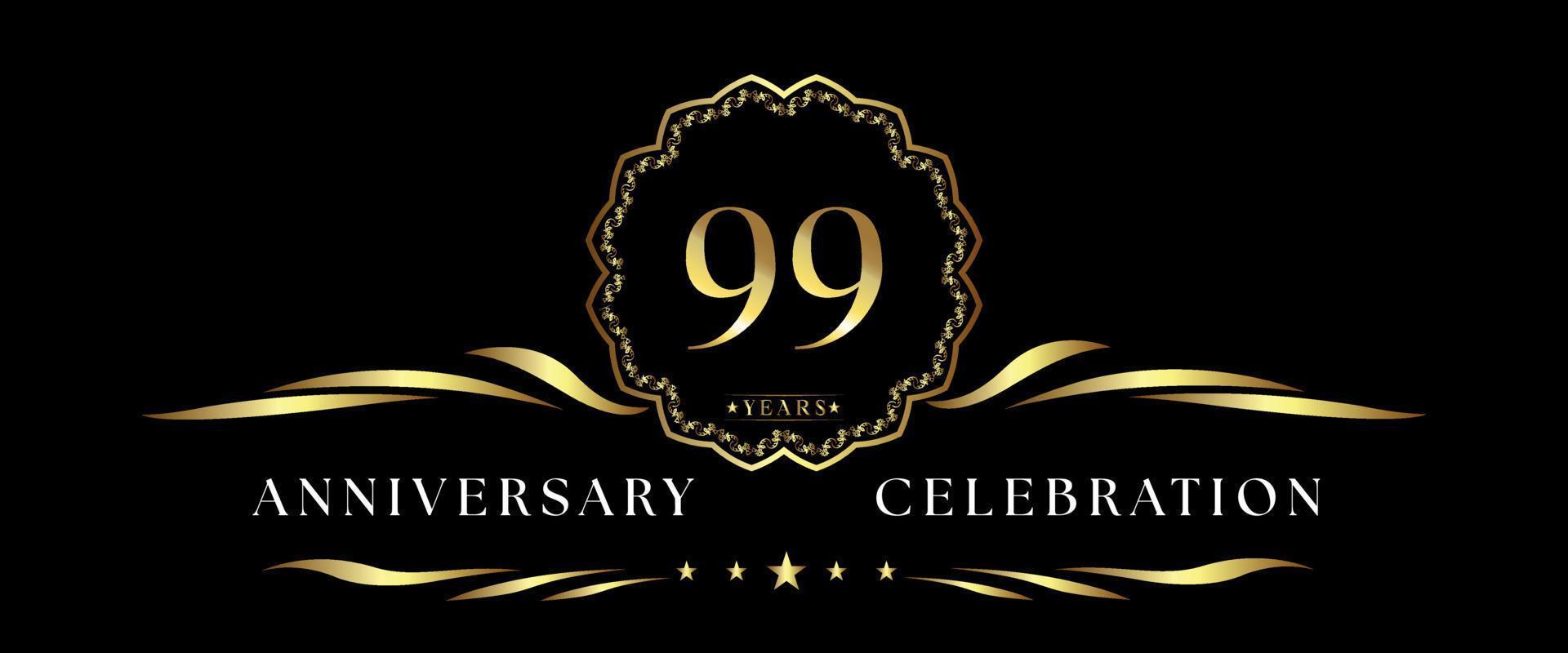 99 years anniversary celebration with gold decorative frame isolated on black background. Vector design for greeting card, birthday party, wedding, event party, ceremony. 99 years Anniversary logo.