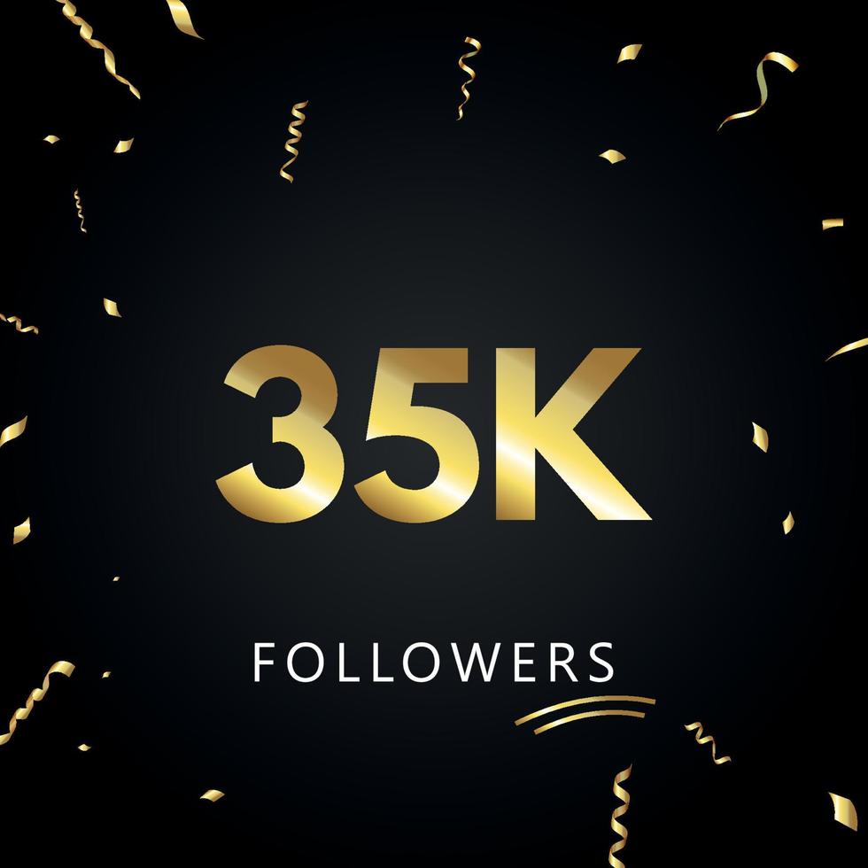 35k o 35 mil seguidores con confeti dorado aislado en fondo negro. plantilla de tarjeta de felicitación para redes sociales amigos y seguidores. gracias, seguidores, logro. vector