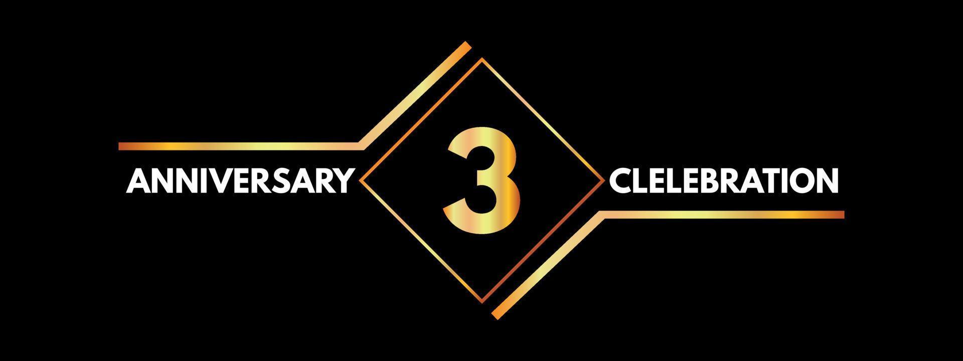 3 years anniversary celebration with gold frame isolated on black background. Vector design for greeting card, birthday party, wedding, event party, invitation, ceremony. 3 years Anniversary logo.
