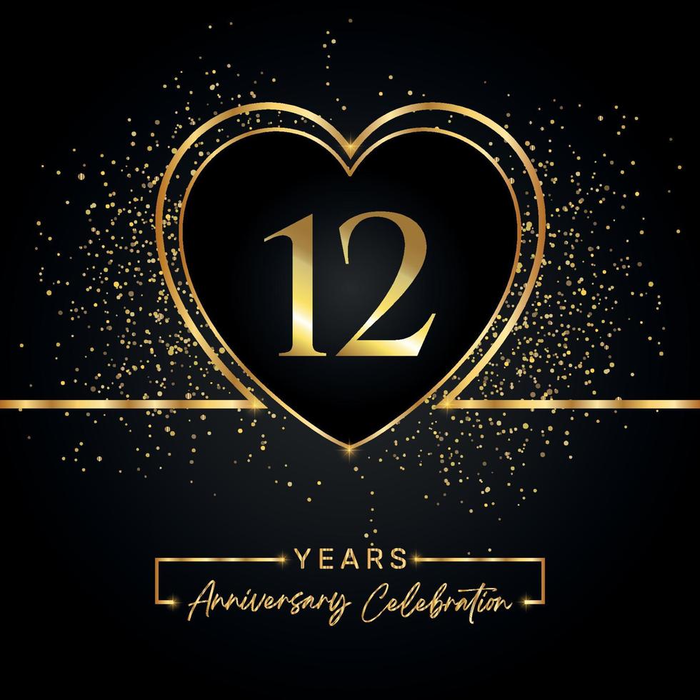 12 years anniversary celebration with gold heart and gold glitter on black background. Vector design for greeting, birthday party, wedding, event party. 12 years anniversary logo