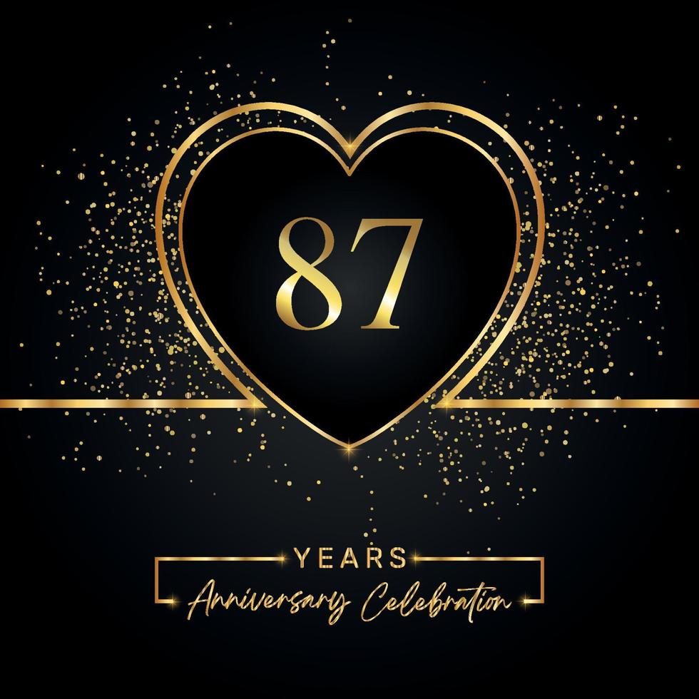 Celebración del aniversario de 87 años con corazón dorado y brillo dorado sobre fondo negro. diseño vectorial para saludo, fiesta de cumpleaños, boda, fiesta de eventos. logotipo de aniversario de 87 años vector