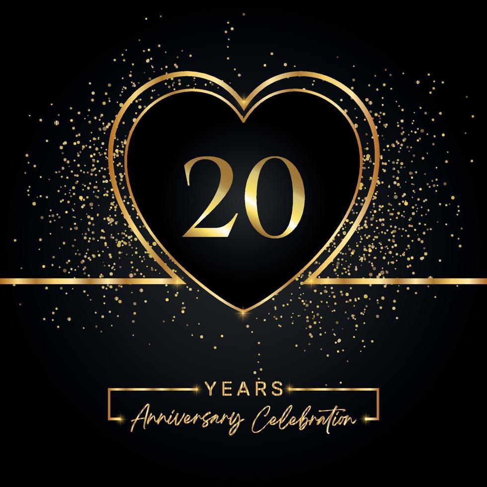 20 years anniversary celebration with gold heart and gold glitter on black background. Vector design for greeting, birthday party, wedding, event party. 20 years anniversary logo