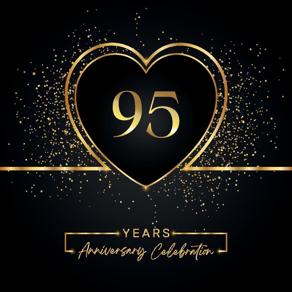 Celebración del aniversario de 95 años con corazón dorado y brillo dorado sobre fondo negro. diseño vectorial para saludo, fiesta de cumpleaños, boda, fiesta de eventos. logotipo de aniversario de 95 años vector