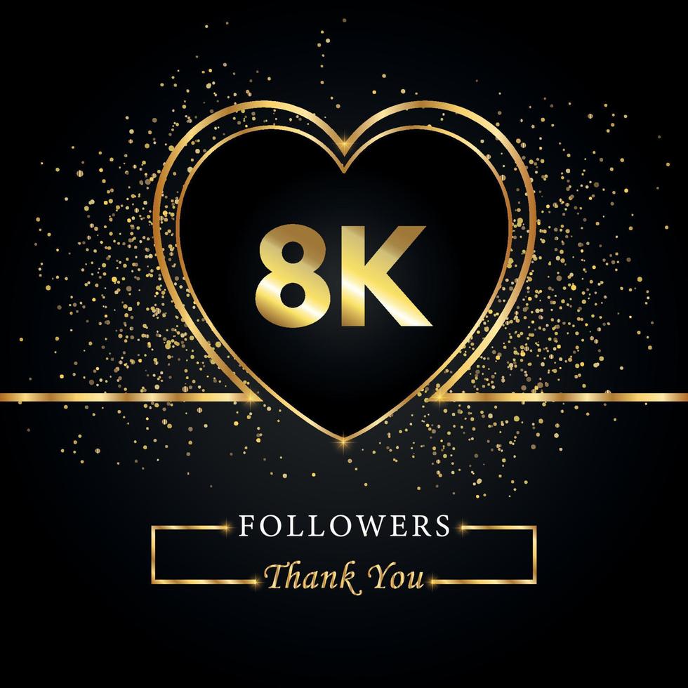 gracias 8k u 8 mil seguidores con corazón y brillo dorado aislado en fondo negro. plantilla de tarjeta de felicitación para amigos y seguidores de las redes sociales. gracias, seguidores, logro. vector