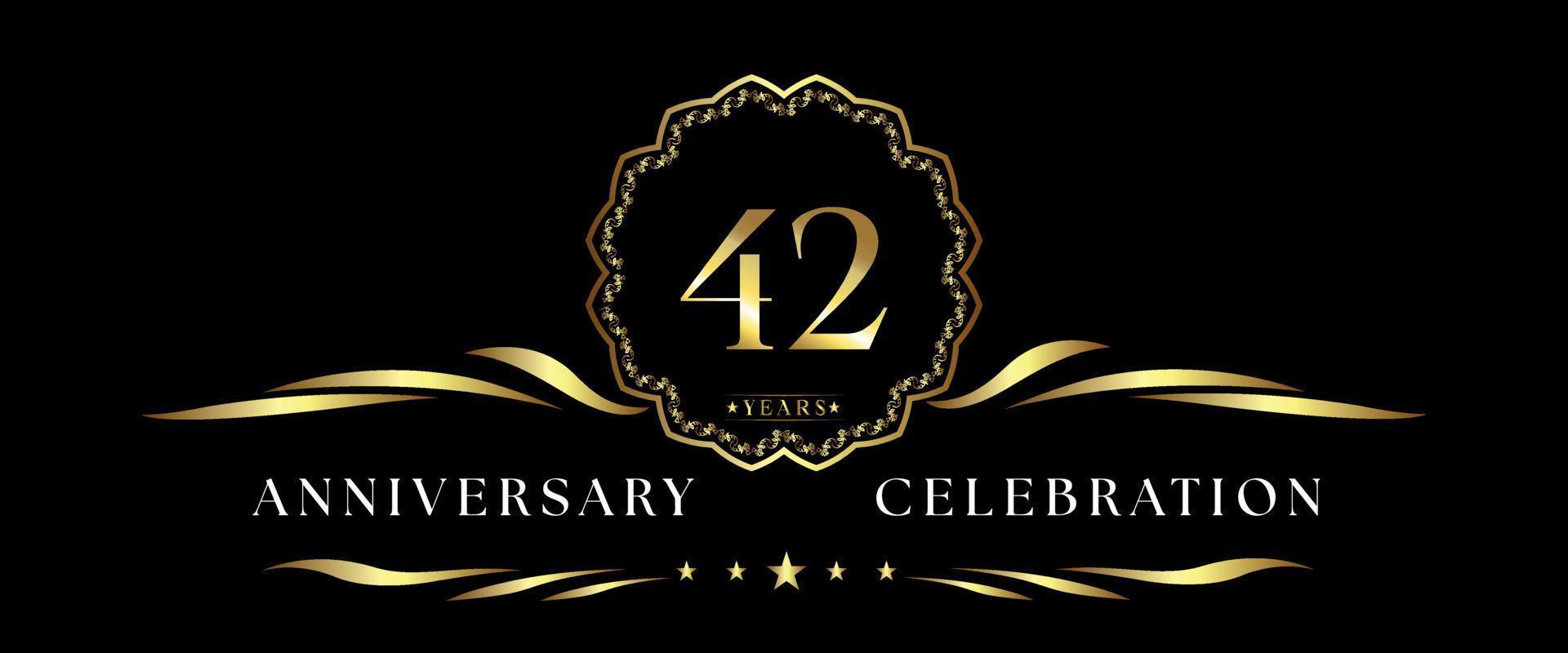 42 years anniversary celebration with gold decorative frame isolated on black background. Vector design for greeting card, birthday party, wedding, event party, ceremony. 42 years Anniversary logo.