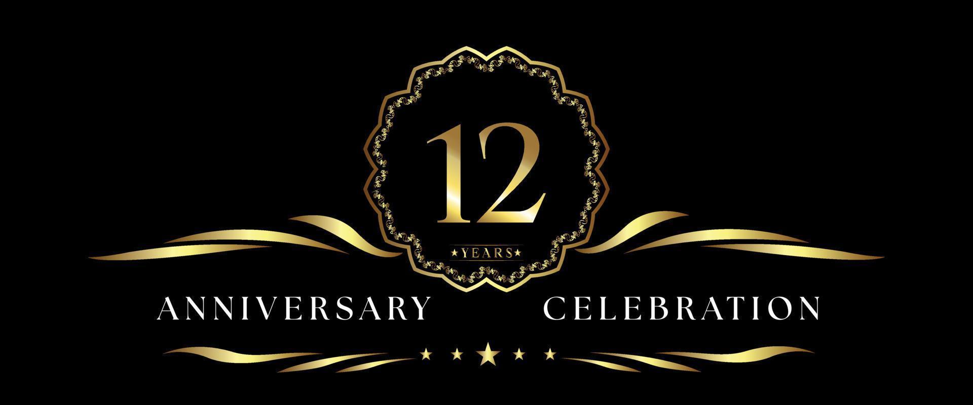 12 years anniversary celebration with gold decorative frame isolated on black background. Vector design for greeting card, birthday party, wedding, event party, ceremony. 12 years Anniversary logo.