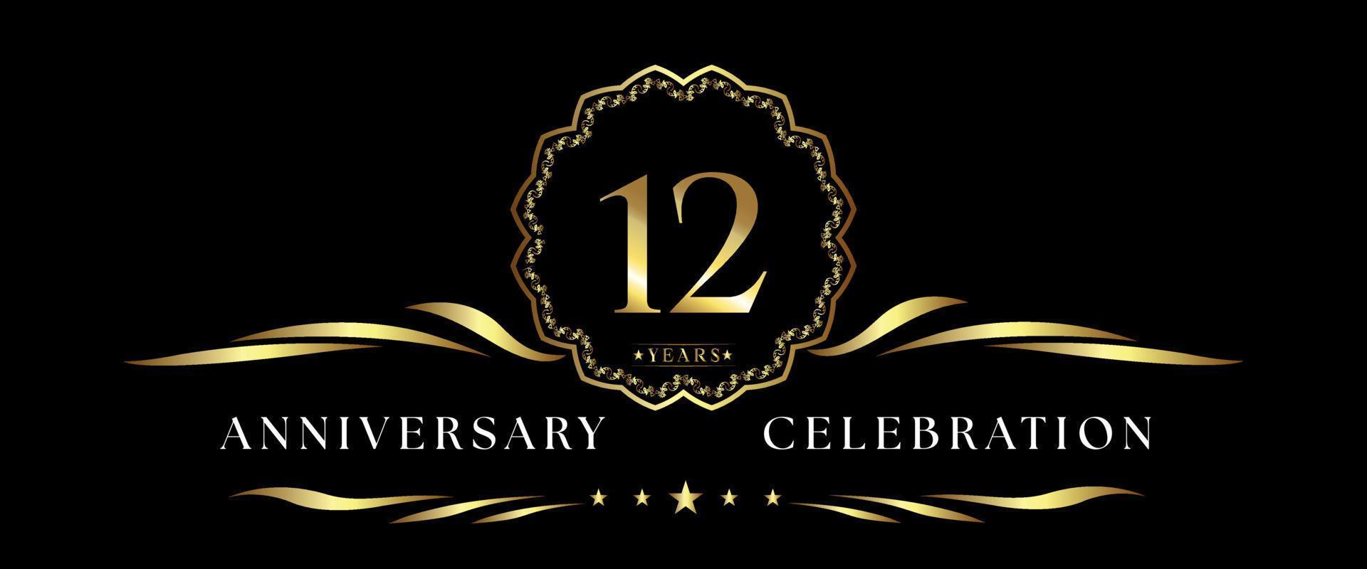 12 years anniversary celebration with gold decorative frame isolated on black background. Vector design for greeting card, birthday party, wedding, event party, ceremony. 12 years Anniversary logo.