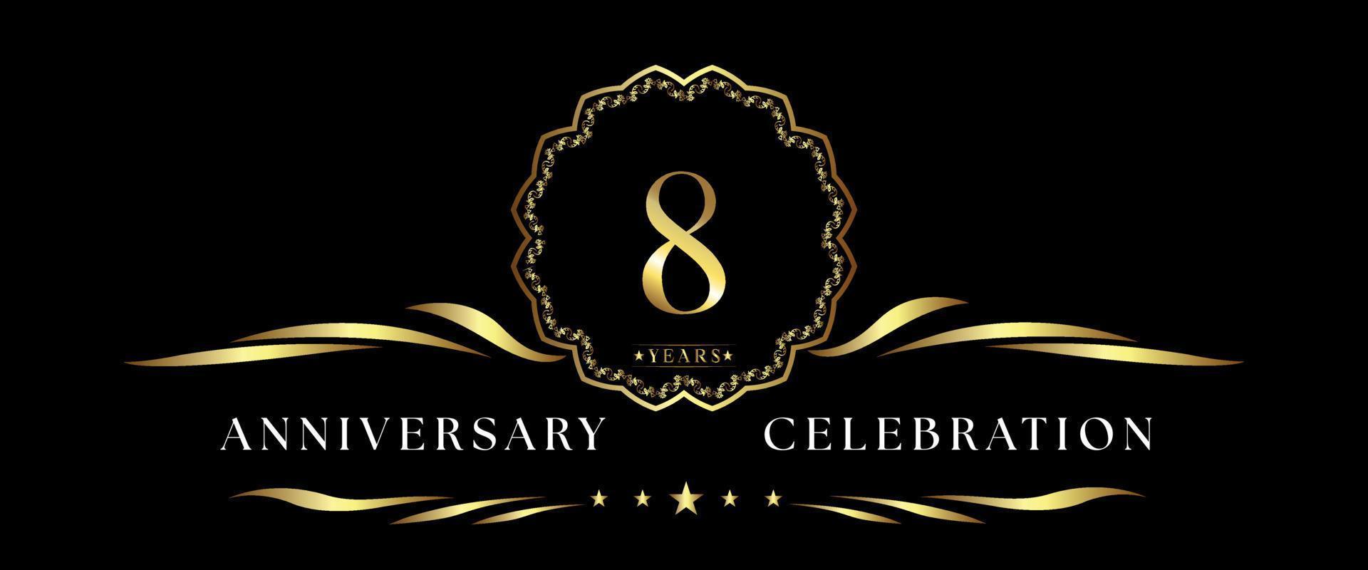 8 years anniversary celebration with gold decorative frame isolated on black background. Vector design for greeting card, birthday party, wedding, event party, ceremony. 8 years Anniversary logo.