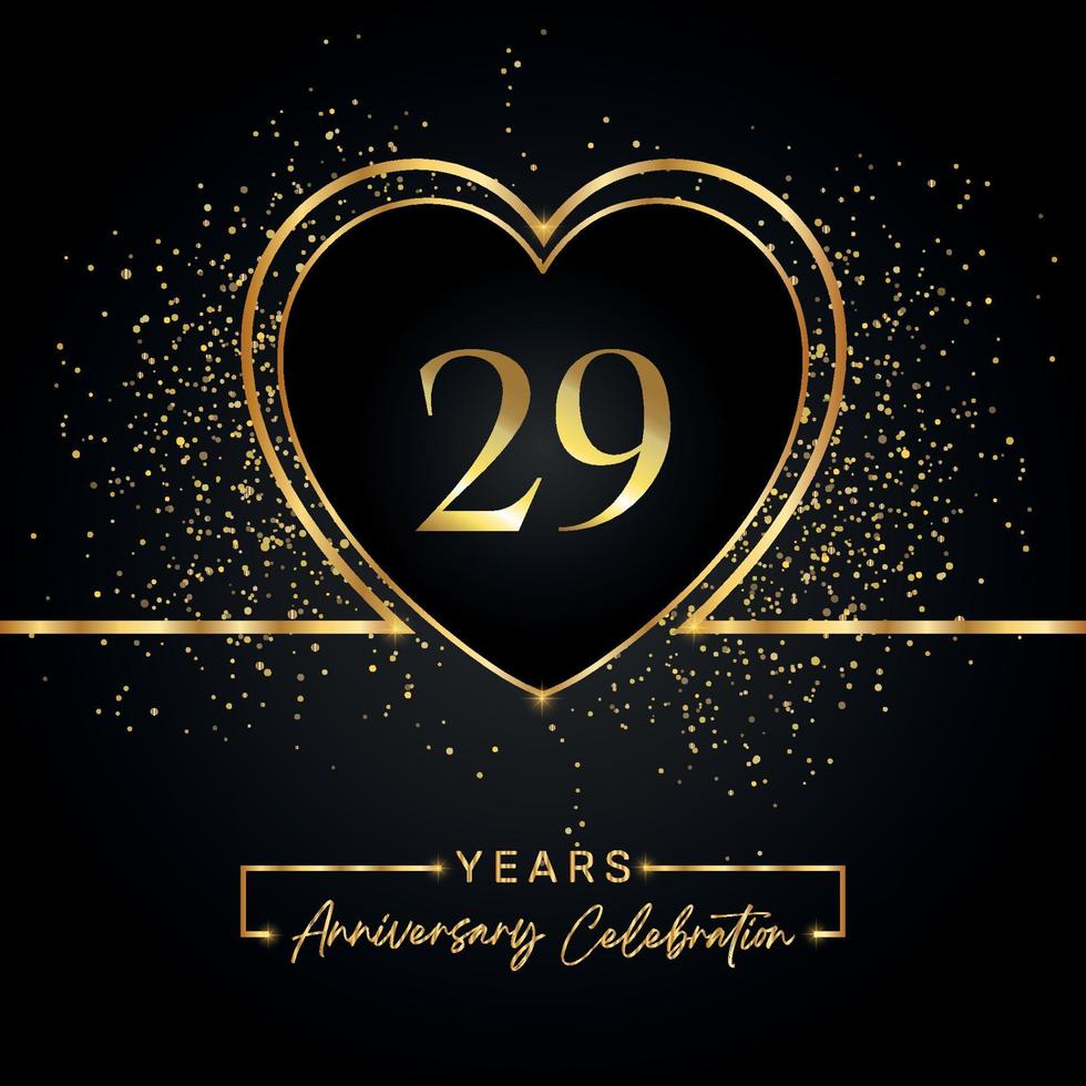 29 years anniversary celebration with gold heart and gold glitter on black background. Vector design for greeting, birthday party, wedding, event party. 29 years anniversary logo