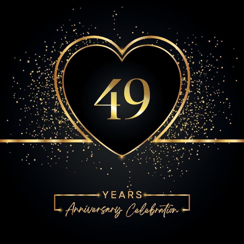 49 years anniversary celebration with gold heart and gold glitter on black background. Vector design for greeting, birthday party, wedding, event party. 49 years anniversary logo