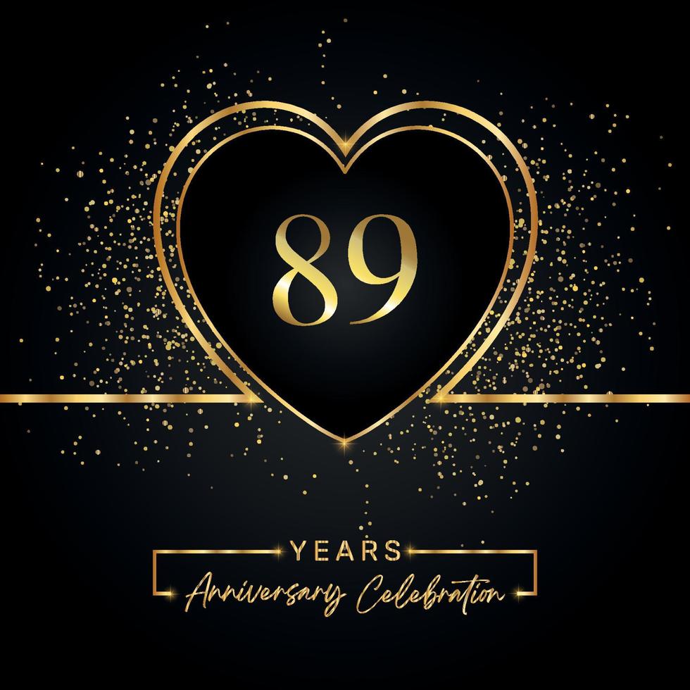 Celebración del aniversario de 89 años con corazón dorado y brillo dorado sobre fondo negro. diseño vectorial para saludo, fiesta de cumpleaños, boda, fiesta de eventos. logotipo de aniversario de 89 años vector