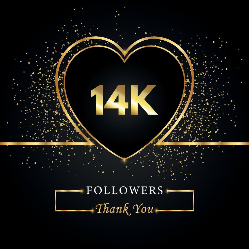 Thank you 14K or 14 thousand followers with heart and gold glitter isolated on black background. Greeting card template for social networks friends, and followers. Thank you, followers, achievement. vector