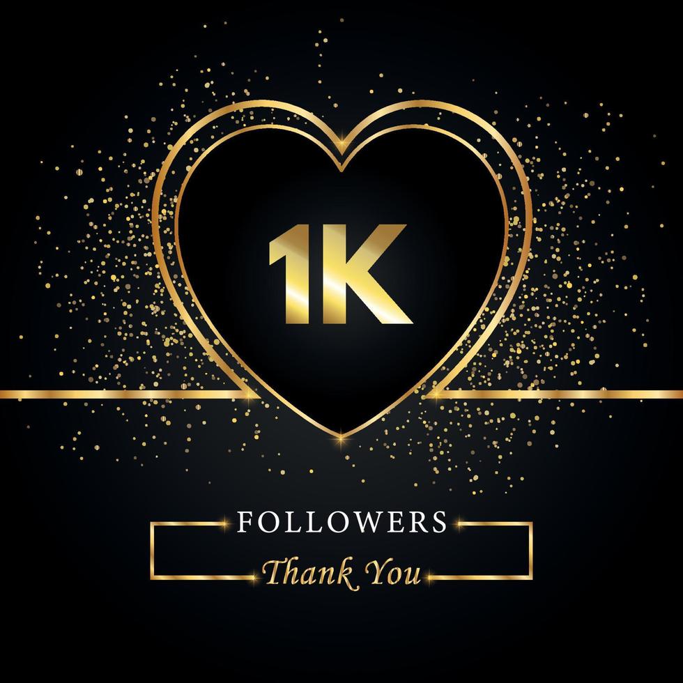 gracias 1k o 1 mil seguidores con corazón y brillo dorado aislado en fondo negro. plantilla de tarjeta de felicitación para amigos y seguidores de las redes sociales. gracias, seguidores, logro. vector