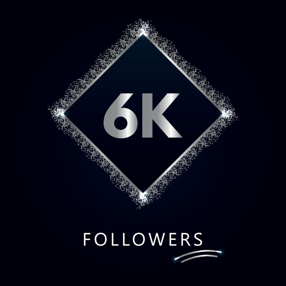 6k o 6 mil seguidores con marco y brillo plateado aislado sobre fondo azul marino oscuro. plantilla de tarjeta de felicitación para redes sociales amigos y seguidores. gracias, seguidores, logro. vector