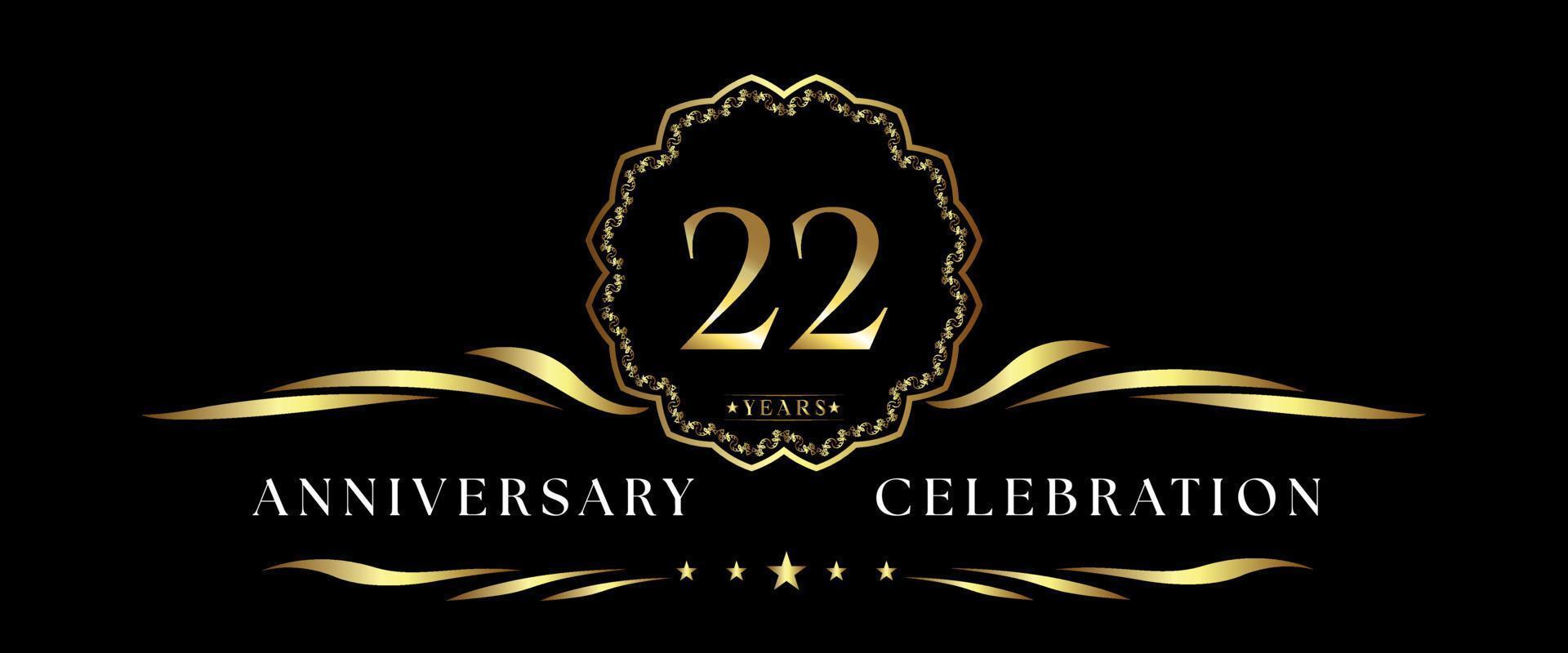 Celebración del aniversario de 22 años con marco decorativo dorado aislado en fondo negro. diseño vectorial para tarjetas de felicitación, fiesta de cumpleaños, boda, fiesta de eventos, ceremonia. Logotipo de aniversario de 22 años. vector