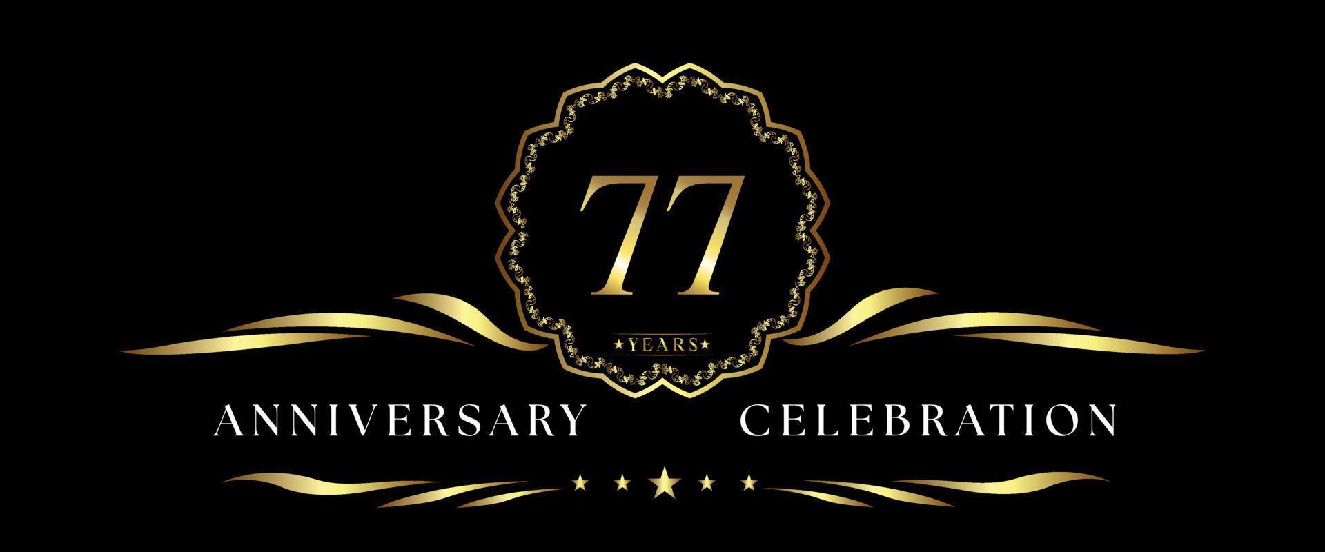 77 years anniversary celebration with gold decorative frame isolated on black background. Vector design for greeting card, birthday party, wedding, event party, ceremony. 77 years Anniversary logo.