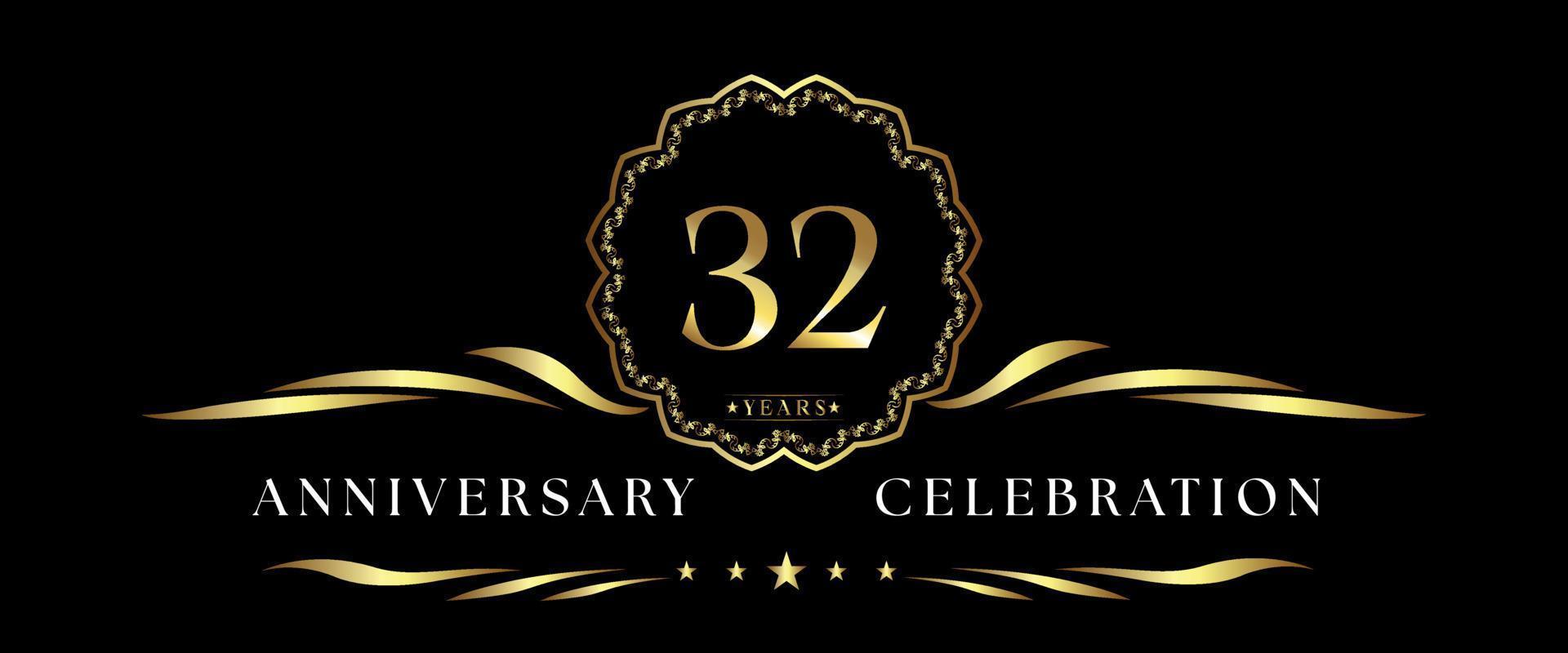 32 years anniversary celebration with gold decorative frame isolated on black background. Vector design for greeting card, birthday party, wedding, event party, ceremony. 32 years Anniversary logo.