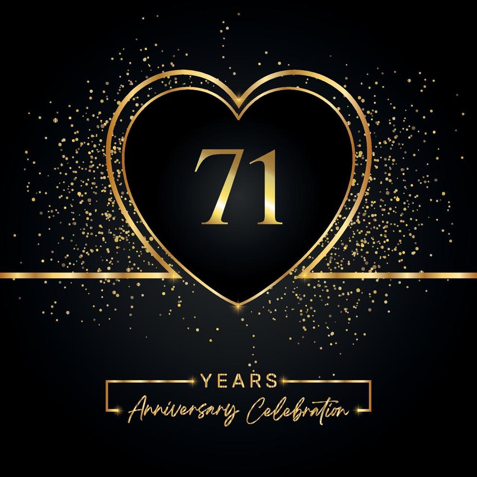71 years anniversary celebration with gold heart and gold glitter on black background. Vector design for greeting, birthday party, wedding, event party. 71 years anniversary logo