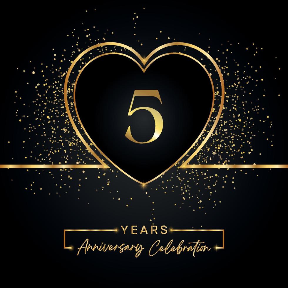 5 years anniversary celebration with gold heart and gold glitter on black background. Vector design for greeting, birthday party, wedding, event party. 5 years anniversary logo