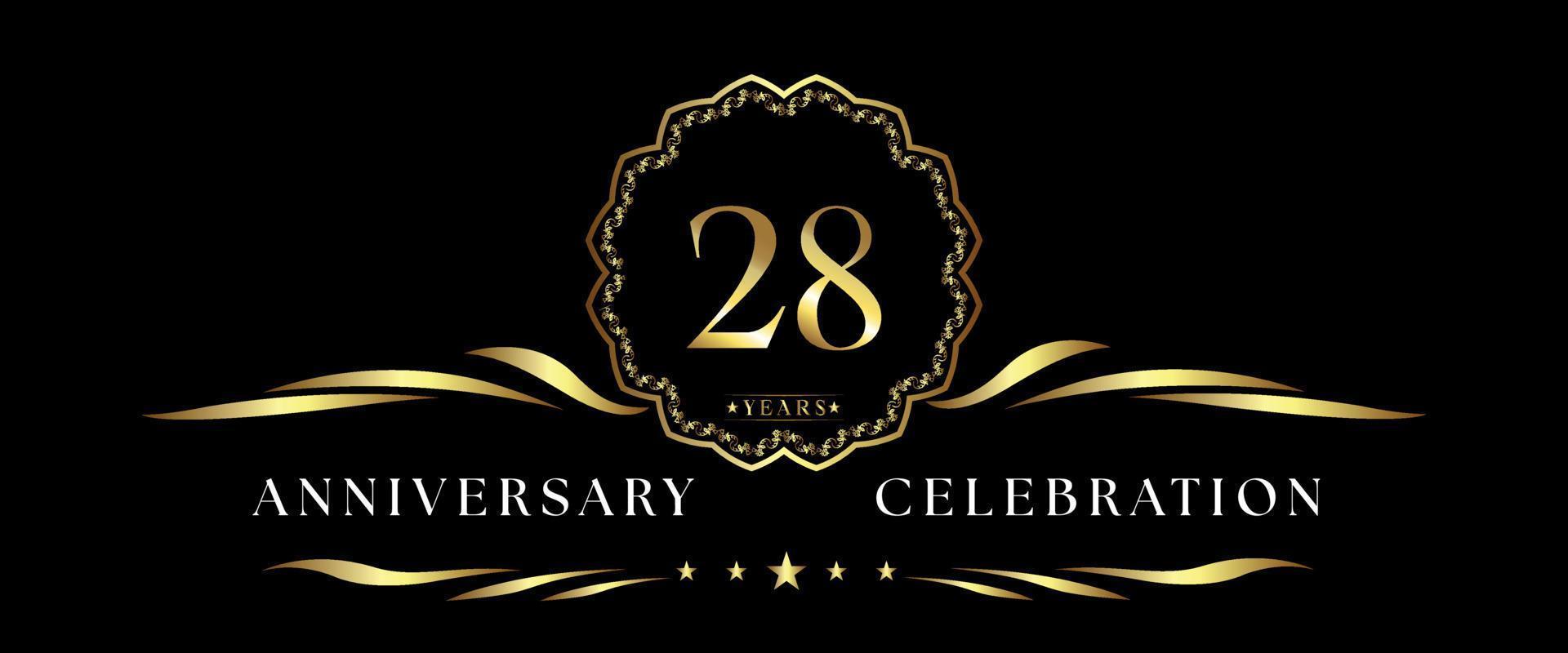 28 years anniversary celebration with gold decorative frame isolated on black background. Vector design for greeting card, birthday party, wedding, event party, ceremony. 28 years Anniversary logo.