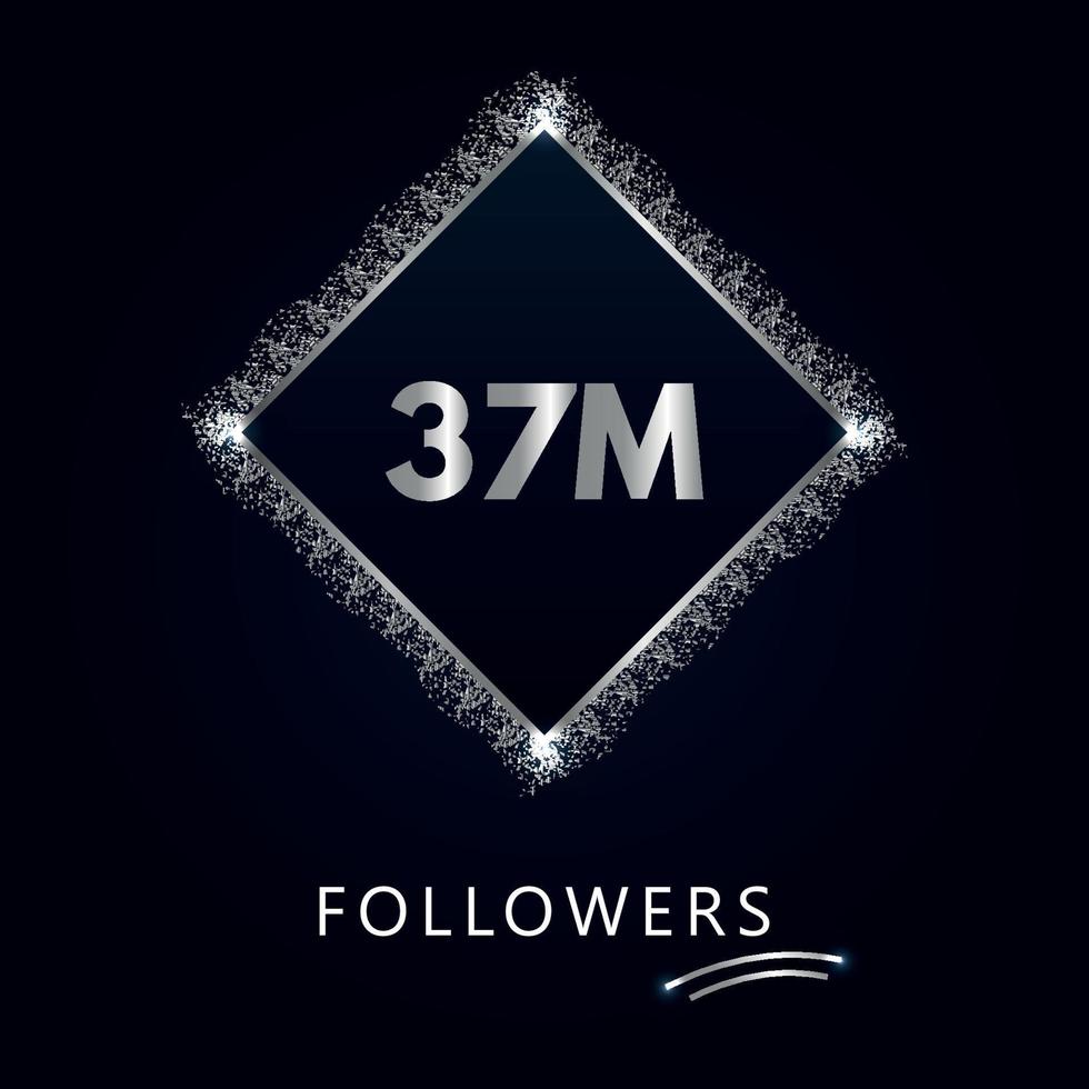 37M with silver glitter isolated on a navy-blue background. Greeting card template for social networks likes, subscribers, celebrating, friends, and followers. 37 million followers vector