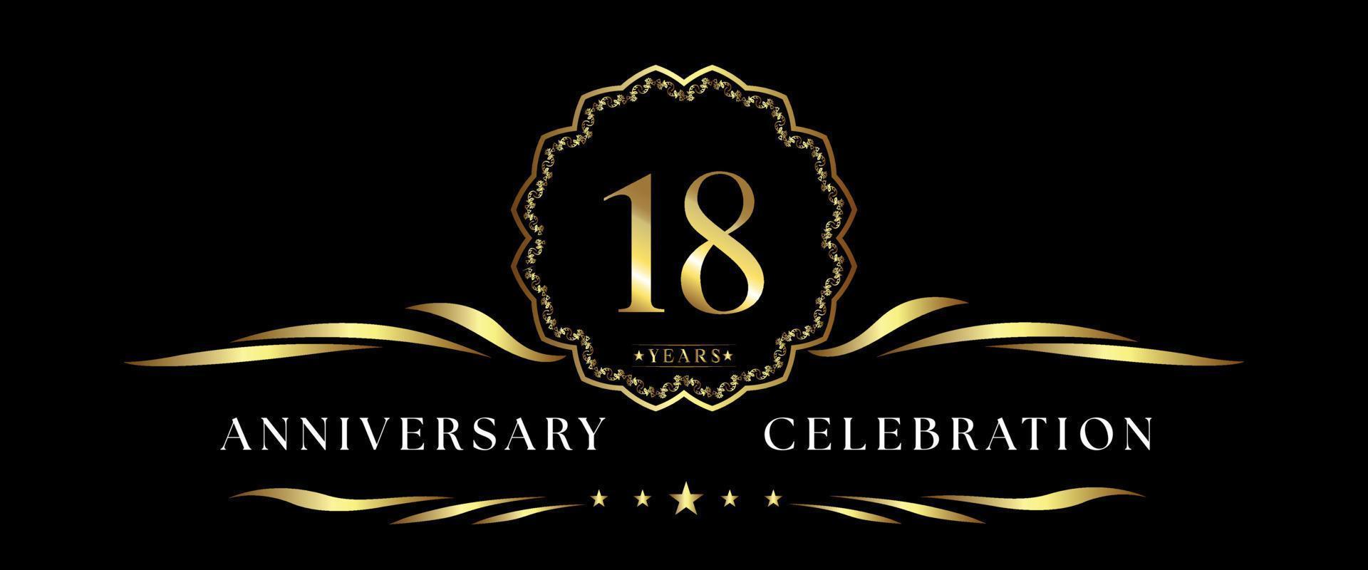 18 years anniversary celebration with gold decorative frame isolated on black background. Vector design for greeting card, birthday party, wedding, event party, ceremony. 18 years Anniversary logo.