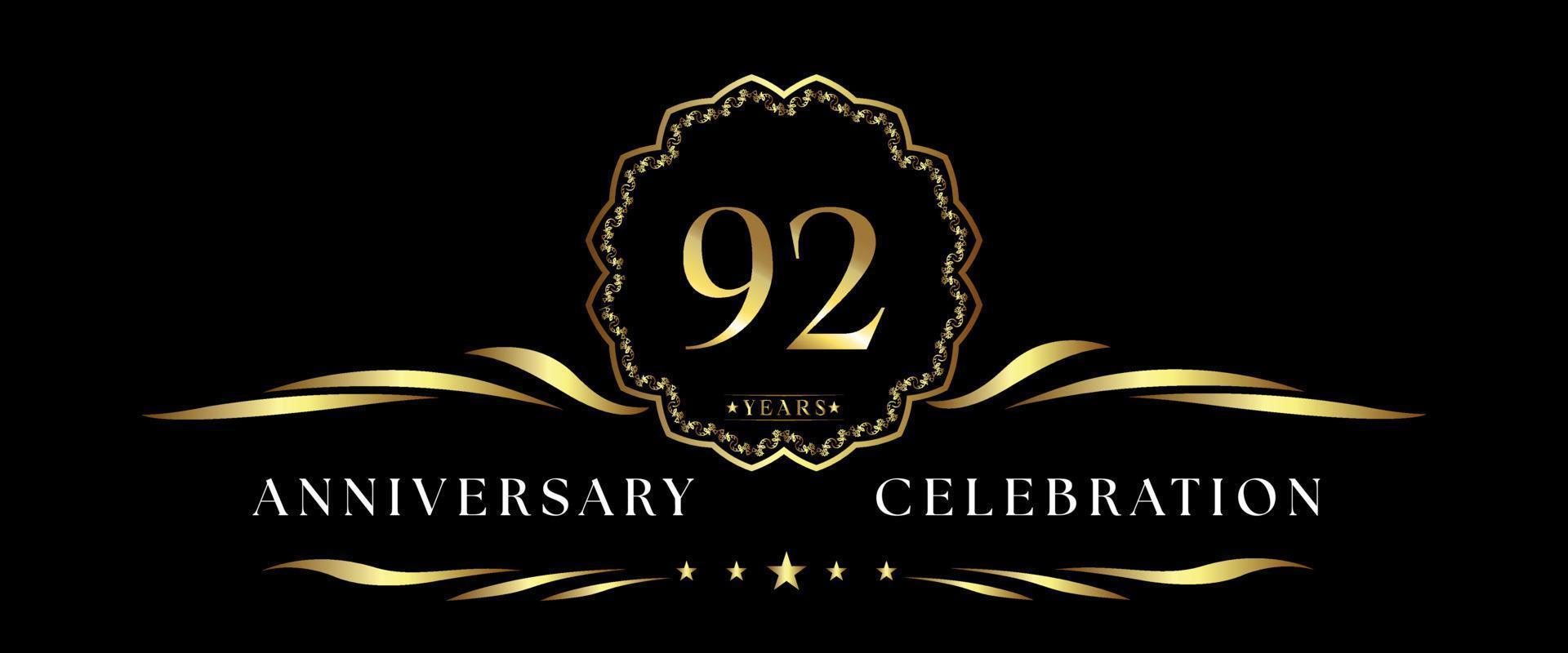 92 years anniversary celebration with gold decorative frame isolated on black background. Vector design for greeting card, birthday party, wedding, event party, ceremony. 92 years Anniversary logo.