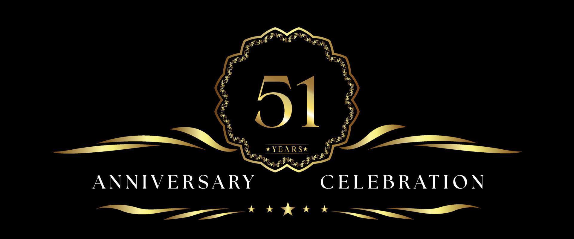51 years anniversary celebration with gold decorative frame isolated on black background. Vector design for greeting card, birthday party, wedding, event party, ceremony. 51 years Anniversary logo.