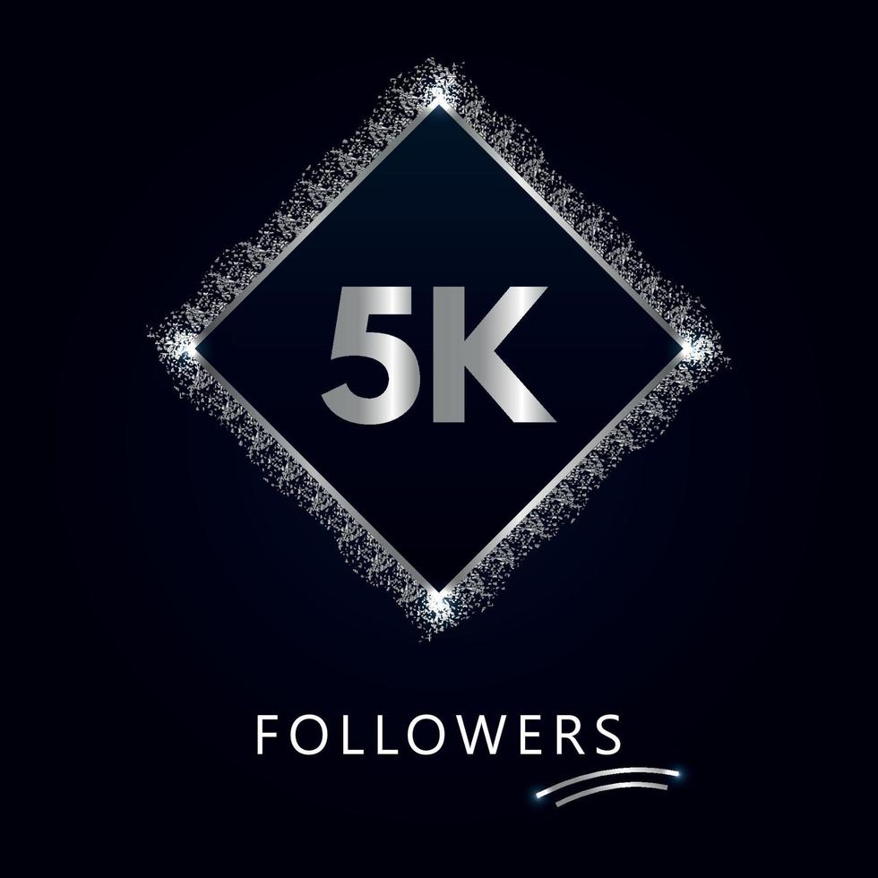 5k o 5 mil seguidores con marco y brillo plateado aislado sobre fondo azul marino oscuro. plantilla de tarjeta de felicitación para amigos y seguidores de las redes sociales. gracias, seguidores, logro. vector