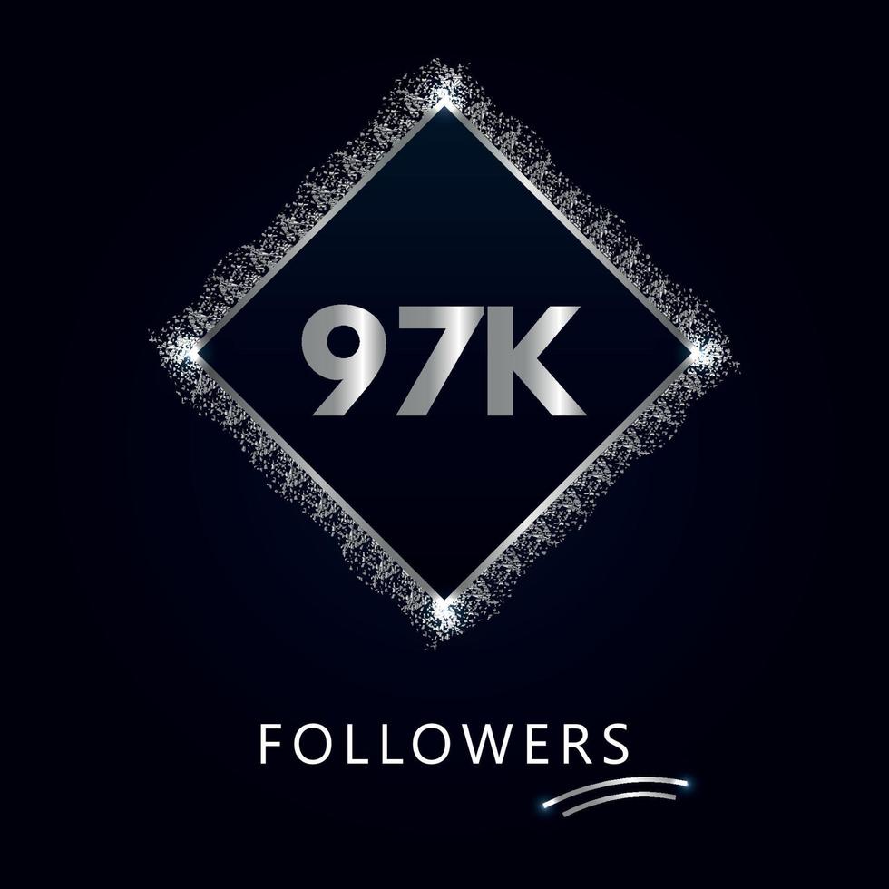 97k o 97 mil seguidores con marco y brillo plateado aislado sobre fondo azul marino oscuro. plantilla de tarjeta de felicitación para redes sociales amigos y seguidores. gracias, seguidores, logro. vector