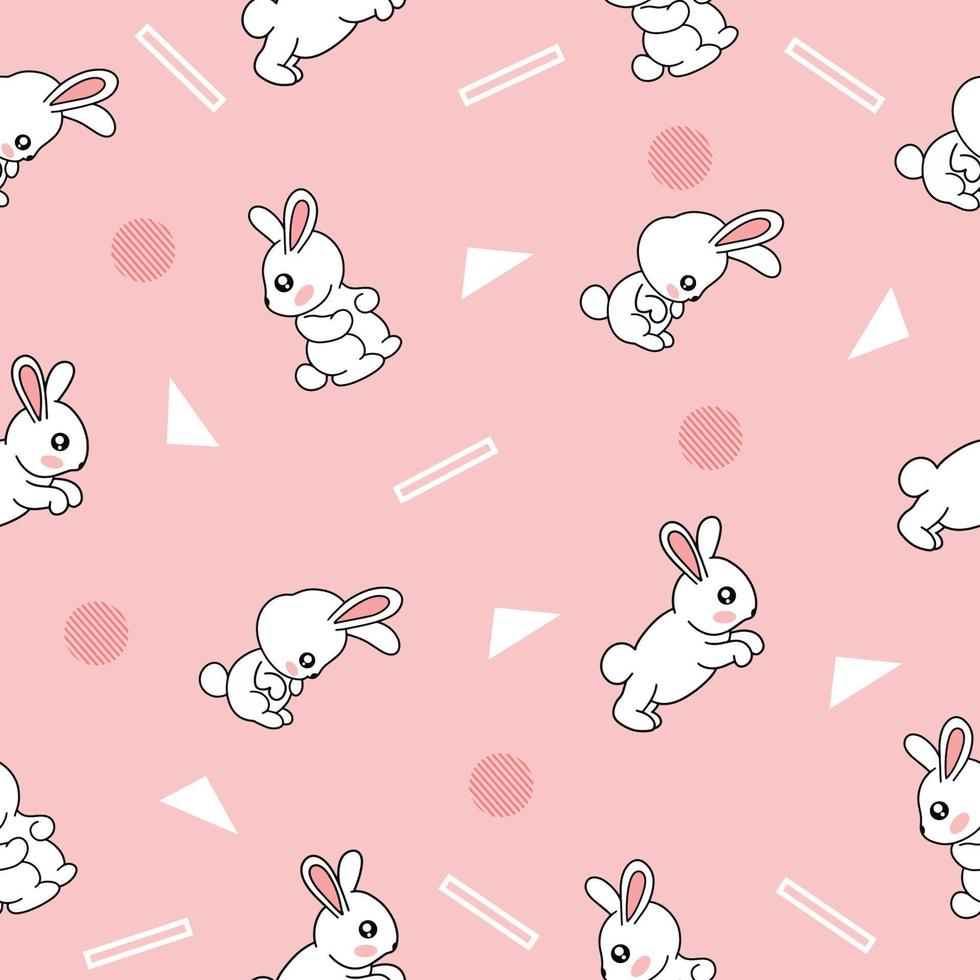 lindo muchos animales de conejo blanco patrón sin costuras objeto blanco papel tapiz con diseño rosa claro. vector