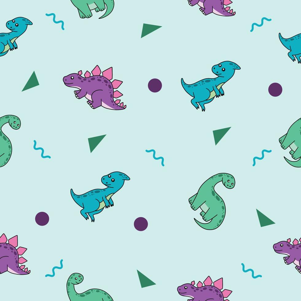 lindo muchos dinosaurios animales patrón sin costuras objeto púrpura y verde fondo de pantalla con diseño azul. vector