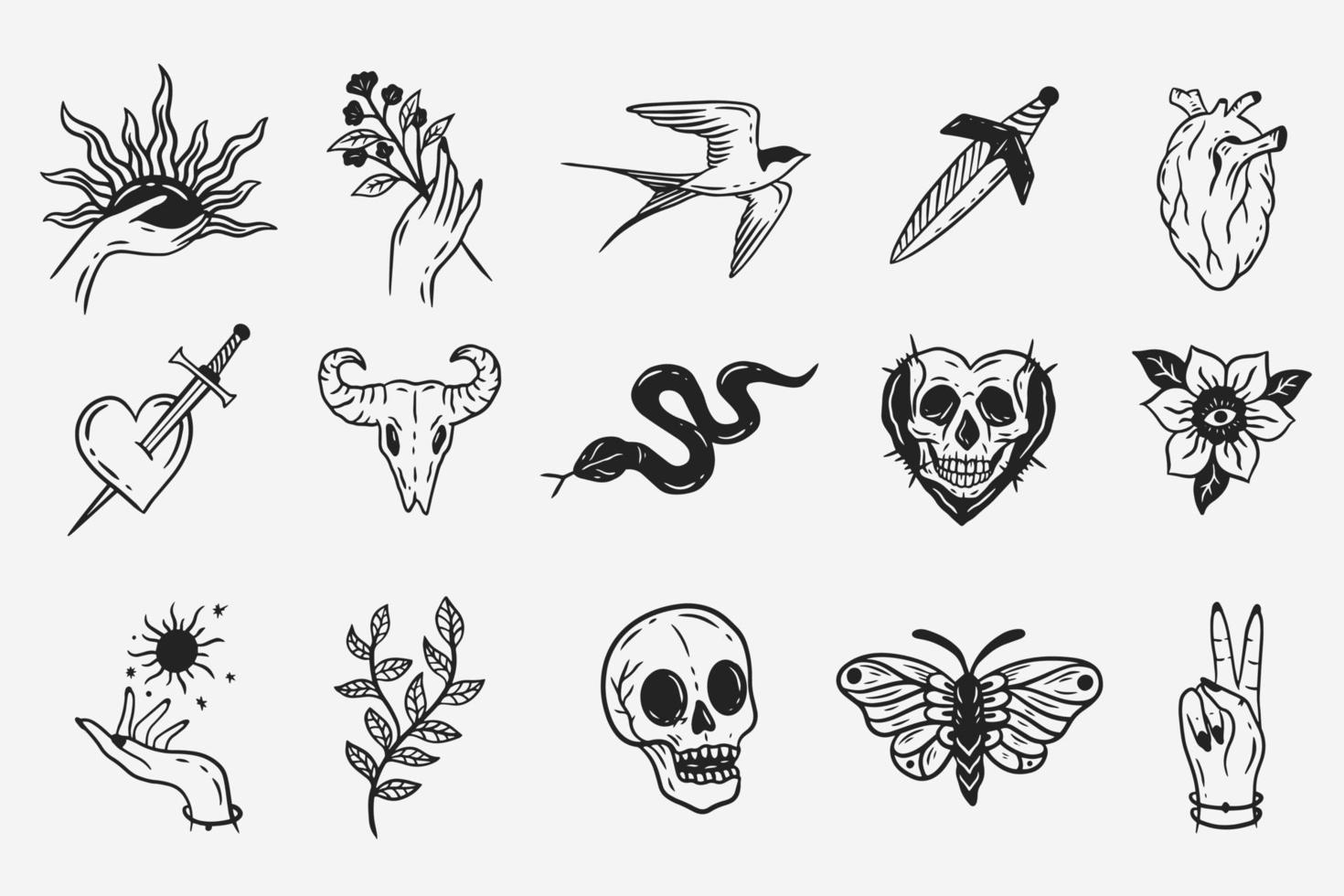 Set Collection Mystical Celestial Dark Holy Simple Minimalism Tattoo Clipart Symbol space doodle Esoteric elements vintage illustration vector