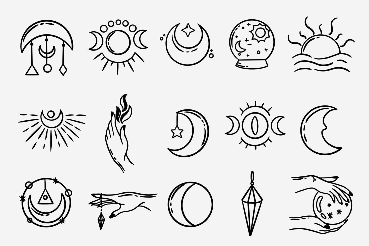 Set Collection Mystical Celestial Dark Holy Simple Minimalism Tattoo Clipart Symbol space doodle Esoteric elements vintage illustration vector
