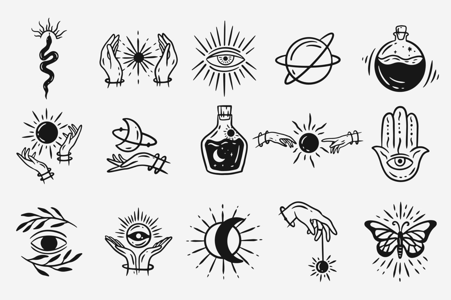 conjunto colección místico celestial oscuro santo sencillo minimalismo tatuaje clipart símbolo espacio garabato esotérico elementos vintage ilustración vector