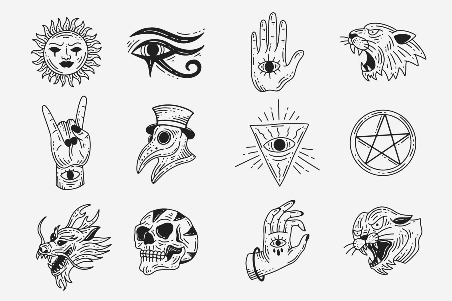 Set Collection Mystical Celestial Dark Holy Simple Minimalism Tattoo Clipart Symbol space doodle Esoteric elements vintage illustration vector