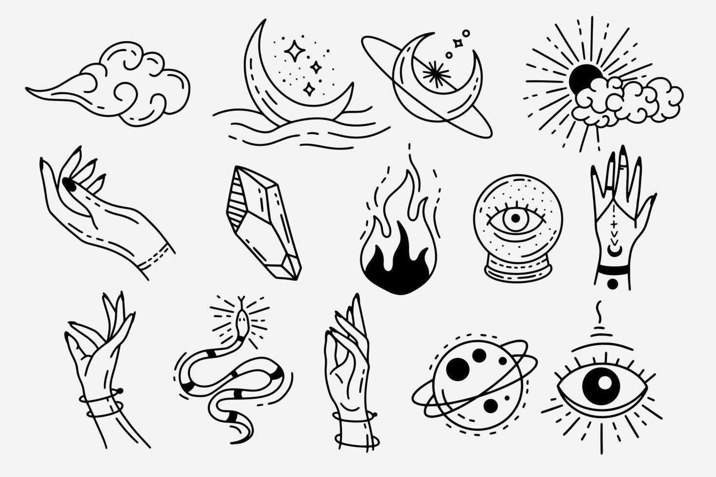 Set Collection Mystical Celestial Dark Holy Simple Minimalism Tattoo Clipart Symbol space doodle Esoteric elements vintage illustration vector