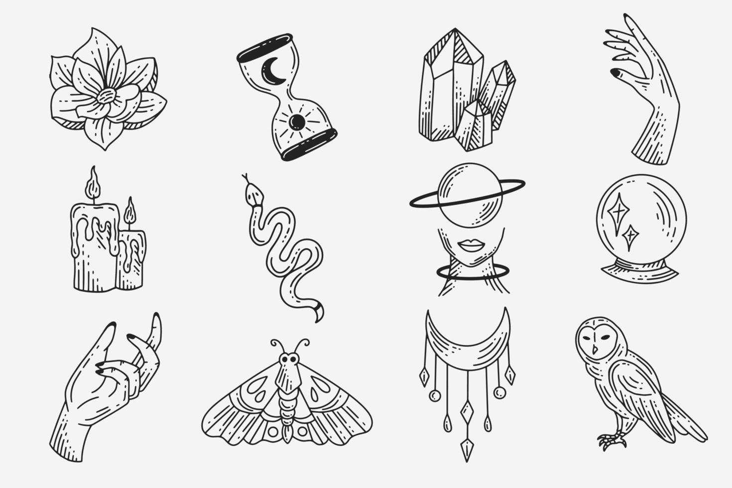 conjunto colección místico celestial oscuro santo sencillo minimalismo tatuaje clipart símbolo espacio garabato esotérico elementos vintage ilustración vector