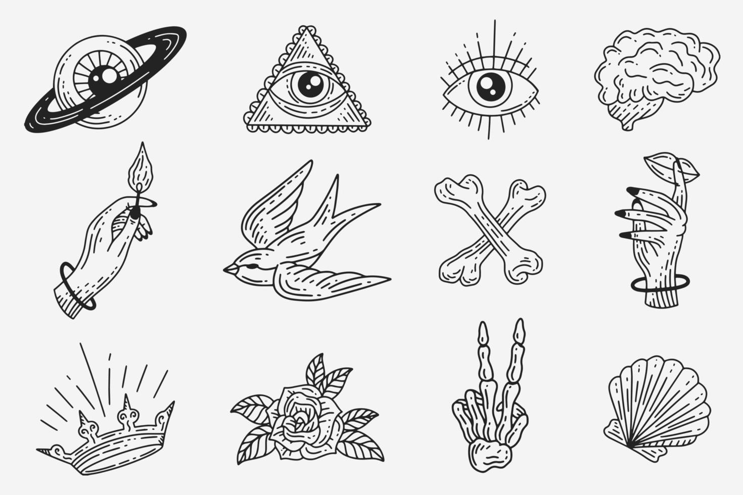 Set Collection Mystical Celestial Dark Holy Simple Minimalism Tattoo Clipart Symbol space doodle Esoteric elements vintage illustration vector