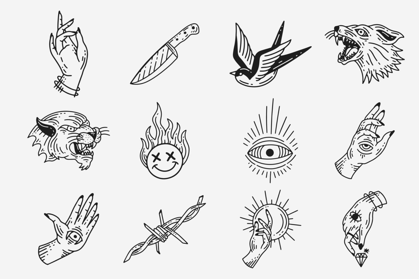 Set Collection Mystical Celestial Dark Holy Simple Minimalism Tattoo Clipart Symbol space doodle Esoteric elements vintage illustration vector