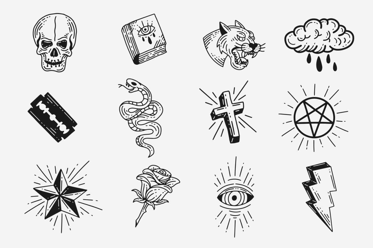 Set Collection Mystical Celestial Dark Holy Simple Minimalism Tattoo Clipart Symbol space doodle Esoteric elements vintage illustration vector